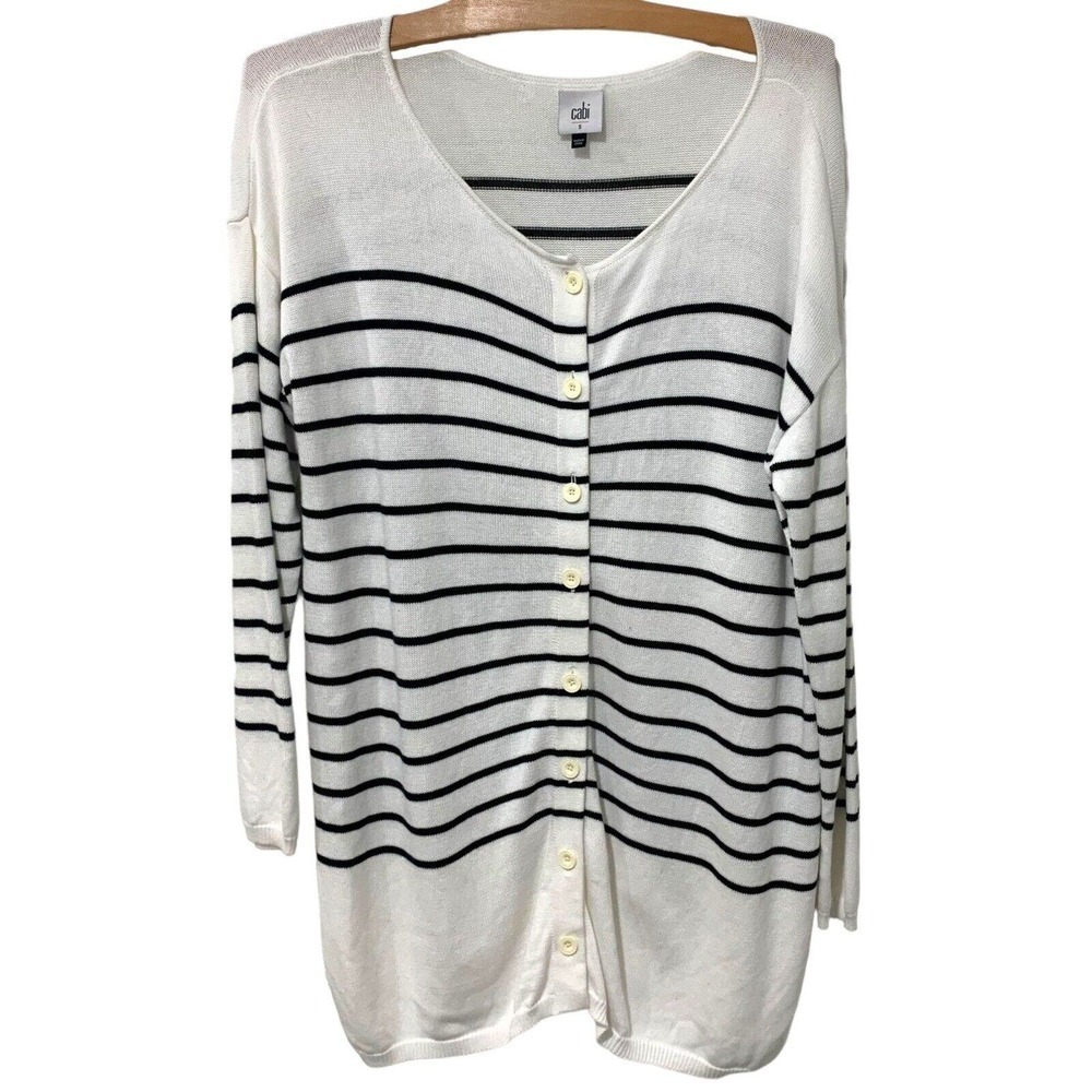 Cabi | Cardigan Sweater Black White Buttons Striped Turnabout 6164- Size Small